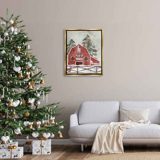 Stupell Industries Americana Barn Holiday Snow Scene Framed Floater Canvas Wall Art